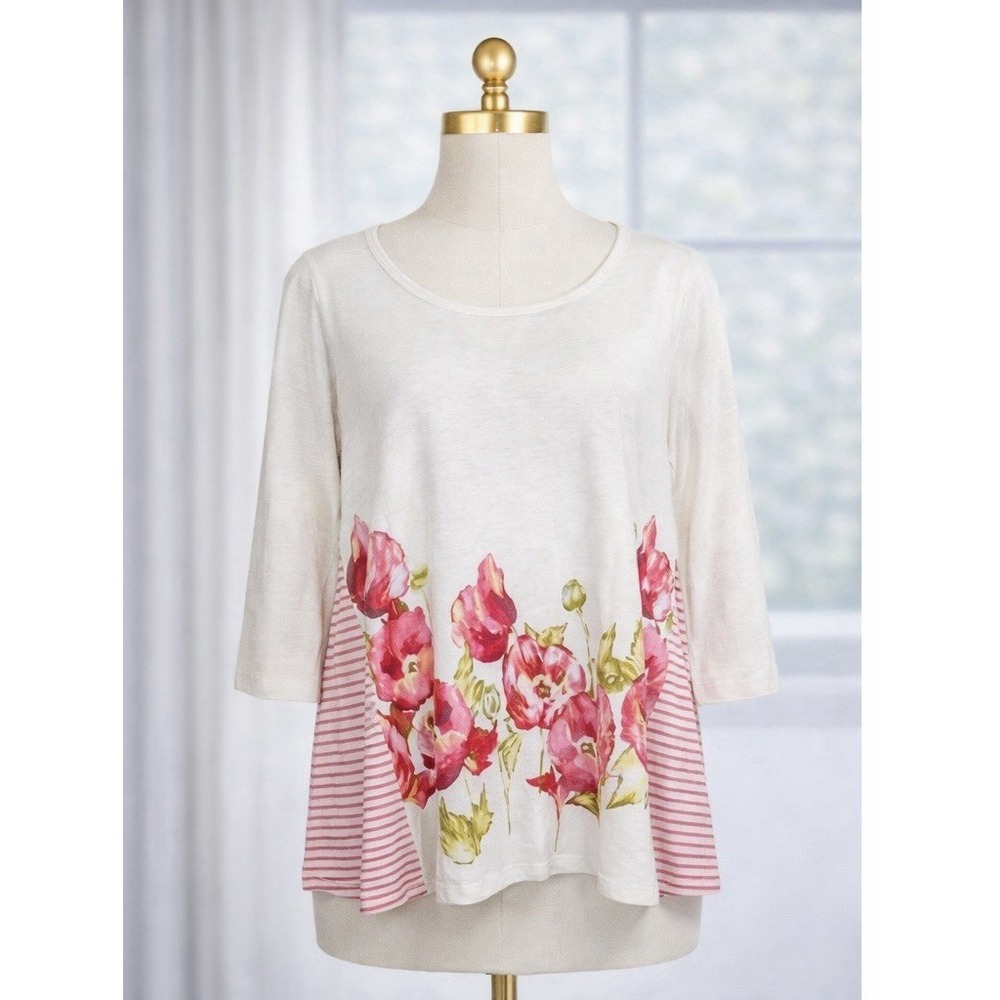 New J. Jill‎ Popover Top Soft Knit Oatmeal Striped Floral Cotton Linen Size S